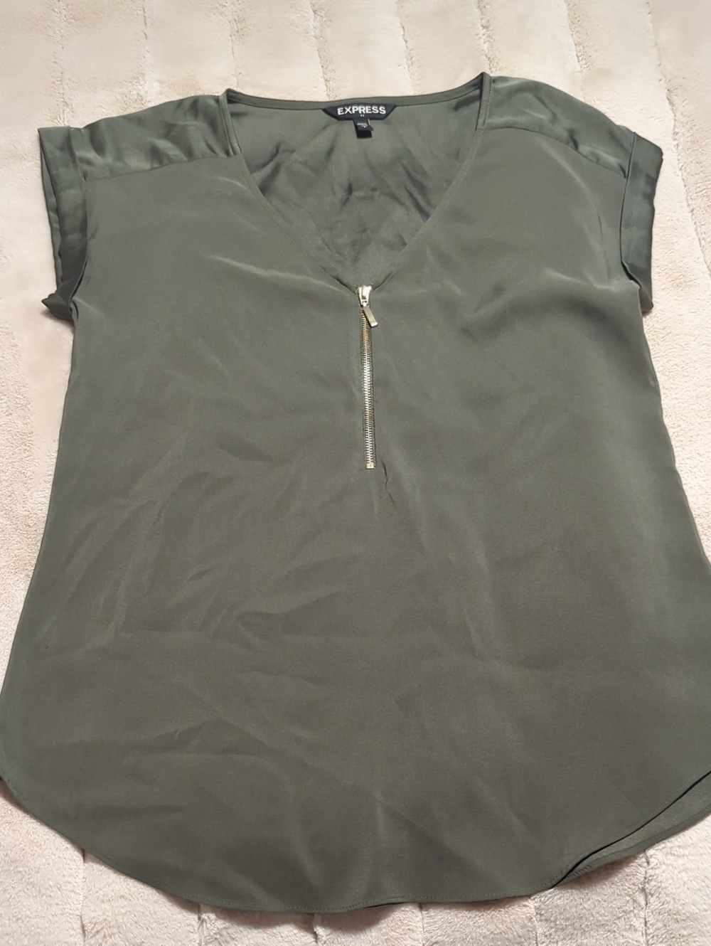 Express Olive Green Short-Sleeve Zip V-Neck Blouse